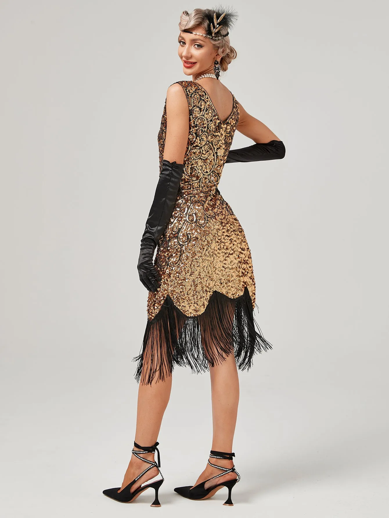 Pink V Neck Sequined Beaded Tassels 1920S Gatsby Dress