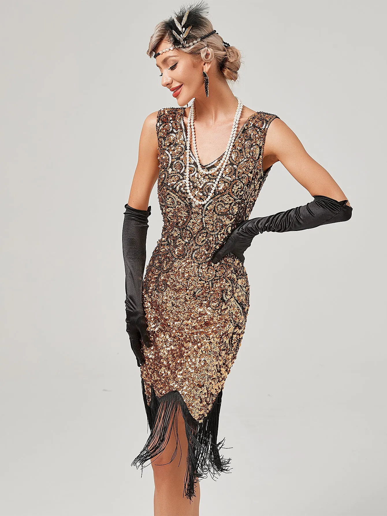 Pink V Neck Sequined Beaded Tassels 1920S Gatsby Dress