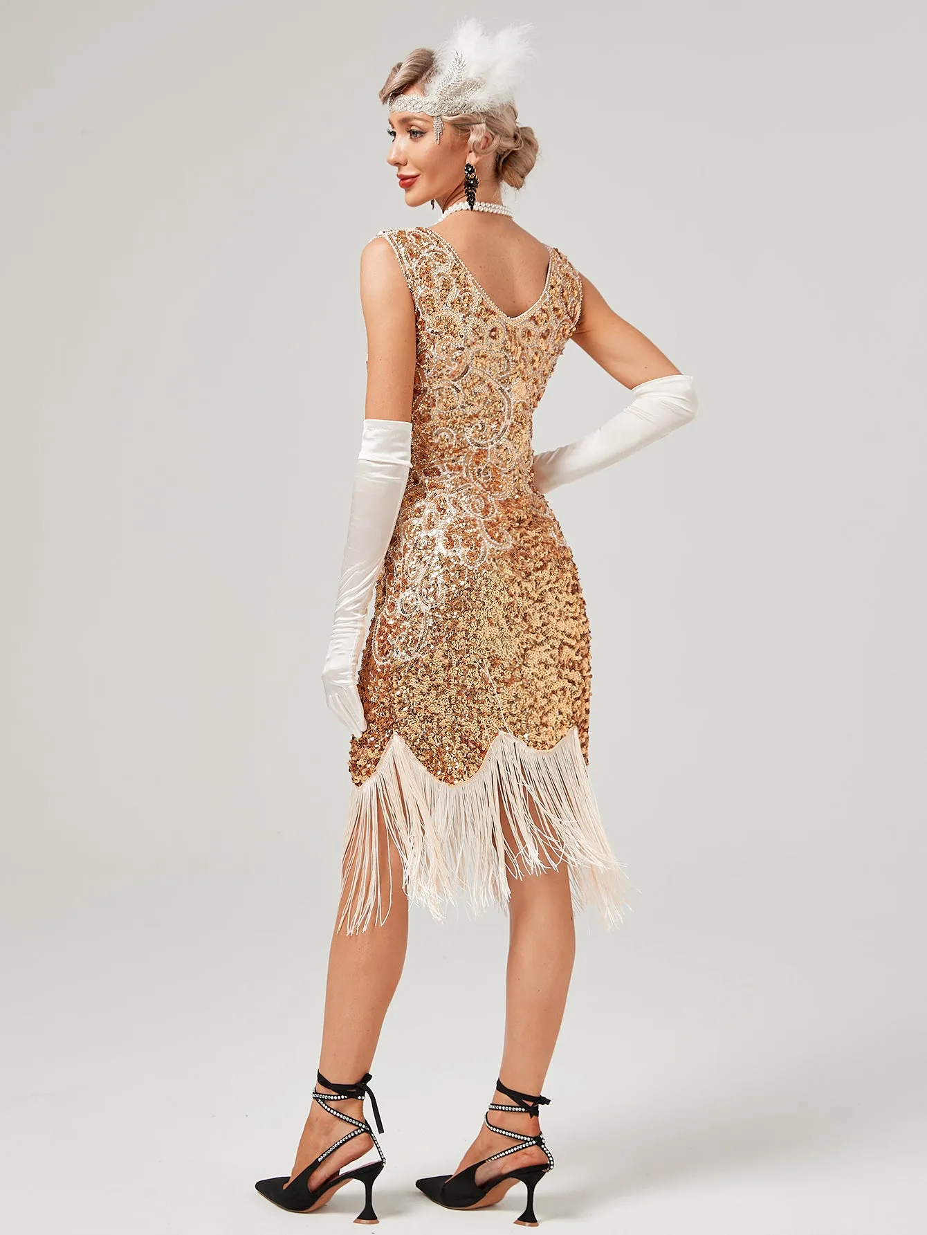 Pink V Neck Sequined Beaded Tassels 1920S Gatsby Dress