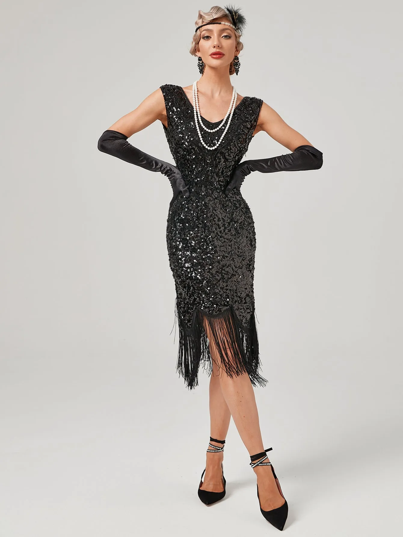 Pink V Neck Sequined Beaded Tassels 1920S Gatsby Dress