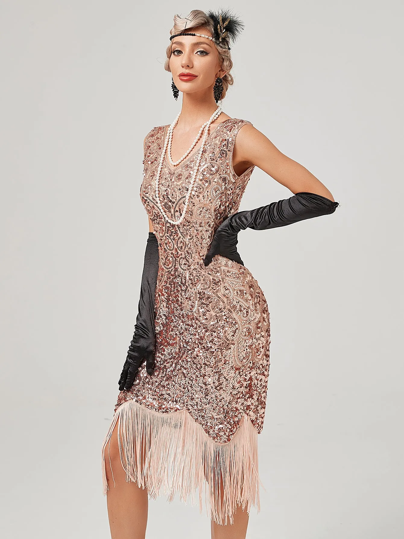 Pink V Neck Sequined Beaded Tassels 1920S Gatsby Dress