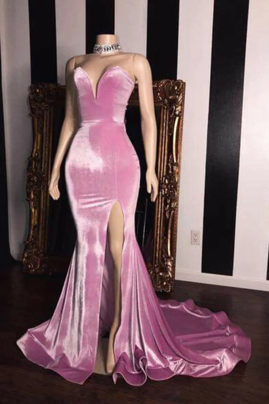 Pink Velvet Prom Evening Dresses with Mermaid Skirt