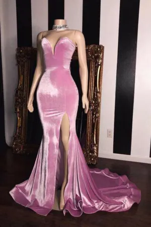 Pink Velvet Prom Evening Dresses with Mermaid Skirt