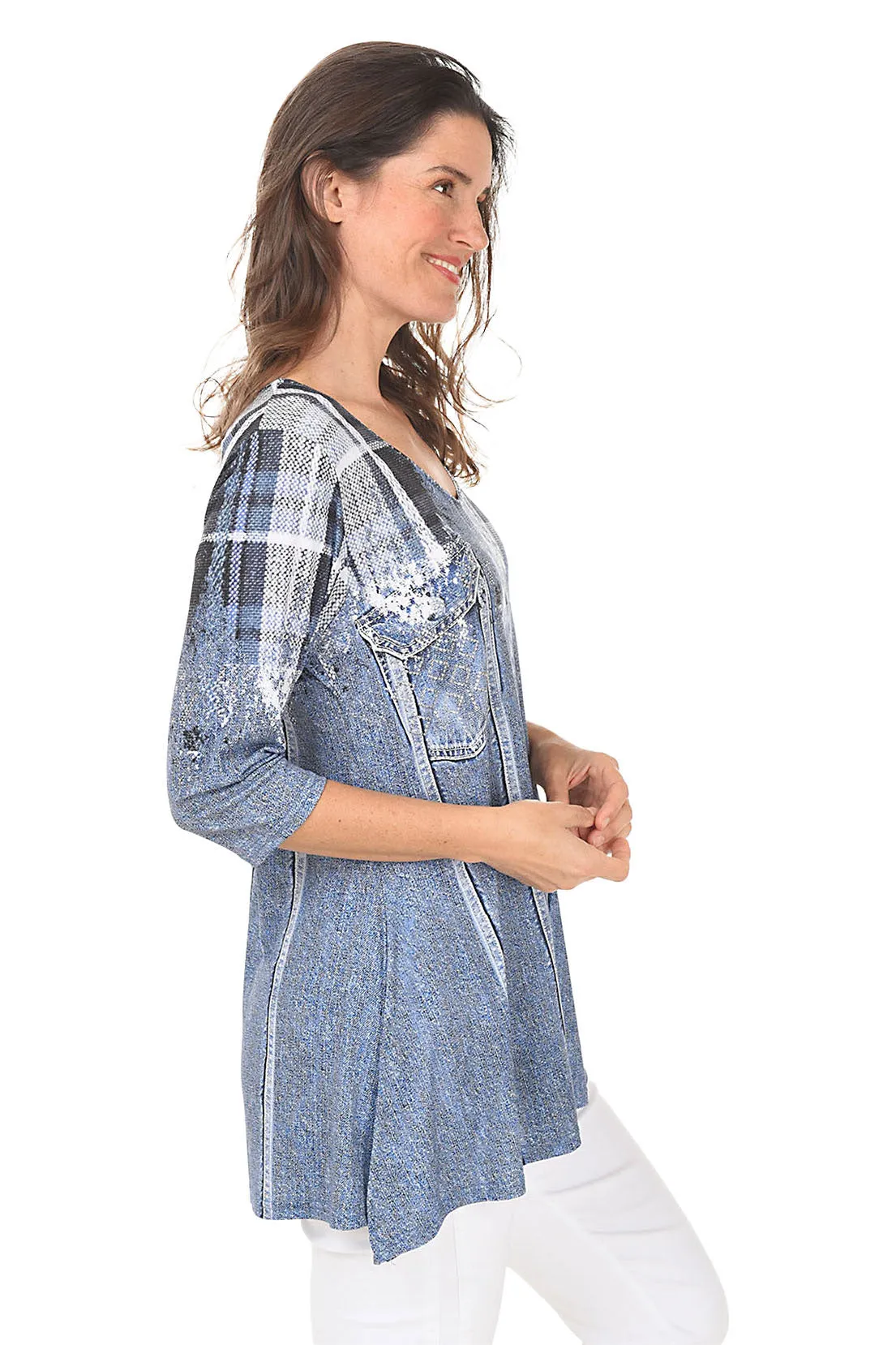 Plaid Denim Jacket Printed Knit Tunic