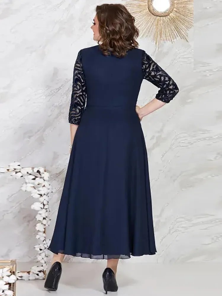 Plus Size Evening Dress for Women Sequined Lace Patchwork Elegant Wedding Party Formal Dress for Mother of Bride