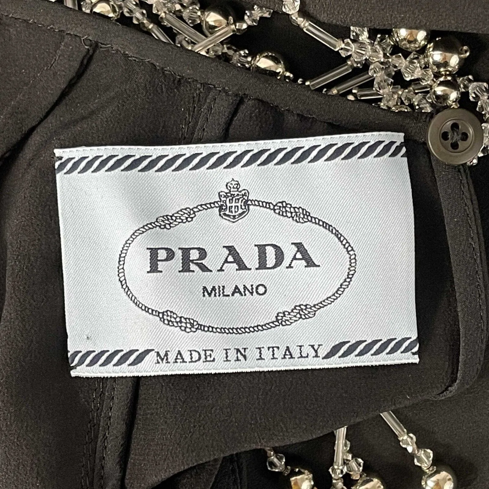 PRADA - Beaded Fringe Sheath Midi Dress - Black / Clear and Silver Beads