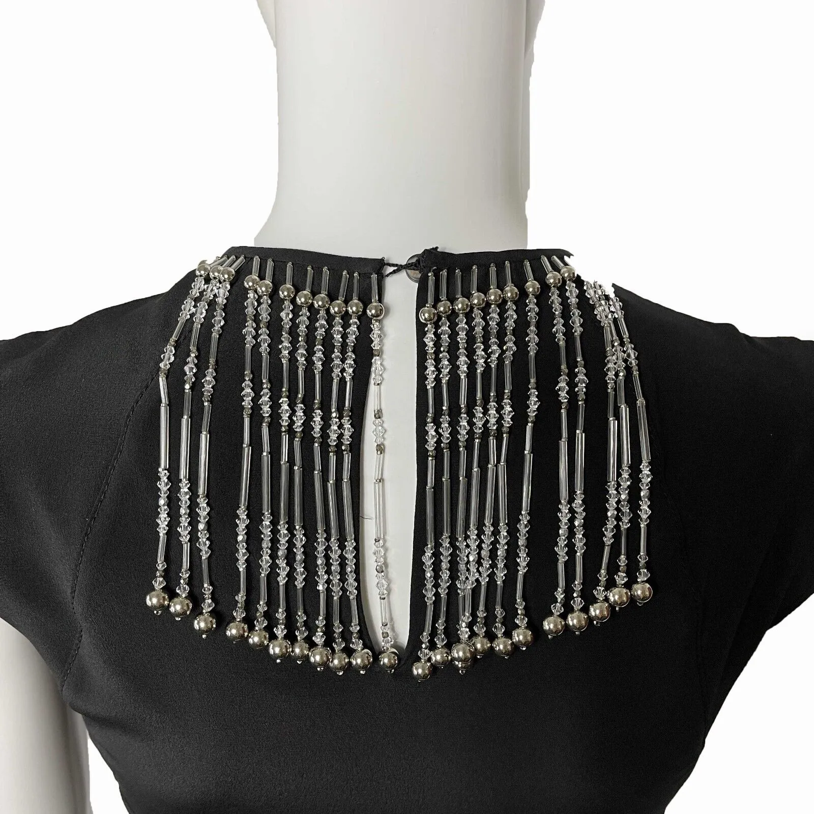 PRADA - Beaded Fringe Sheath Midi Dress - Black / Clear and Silver Beads