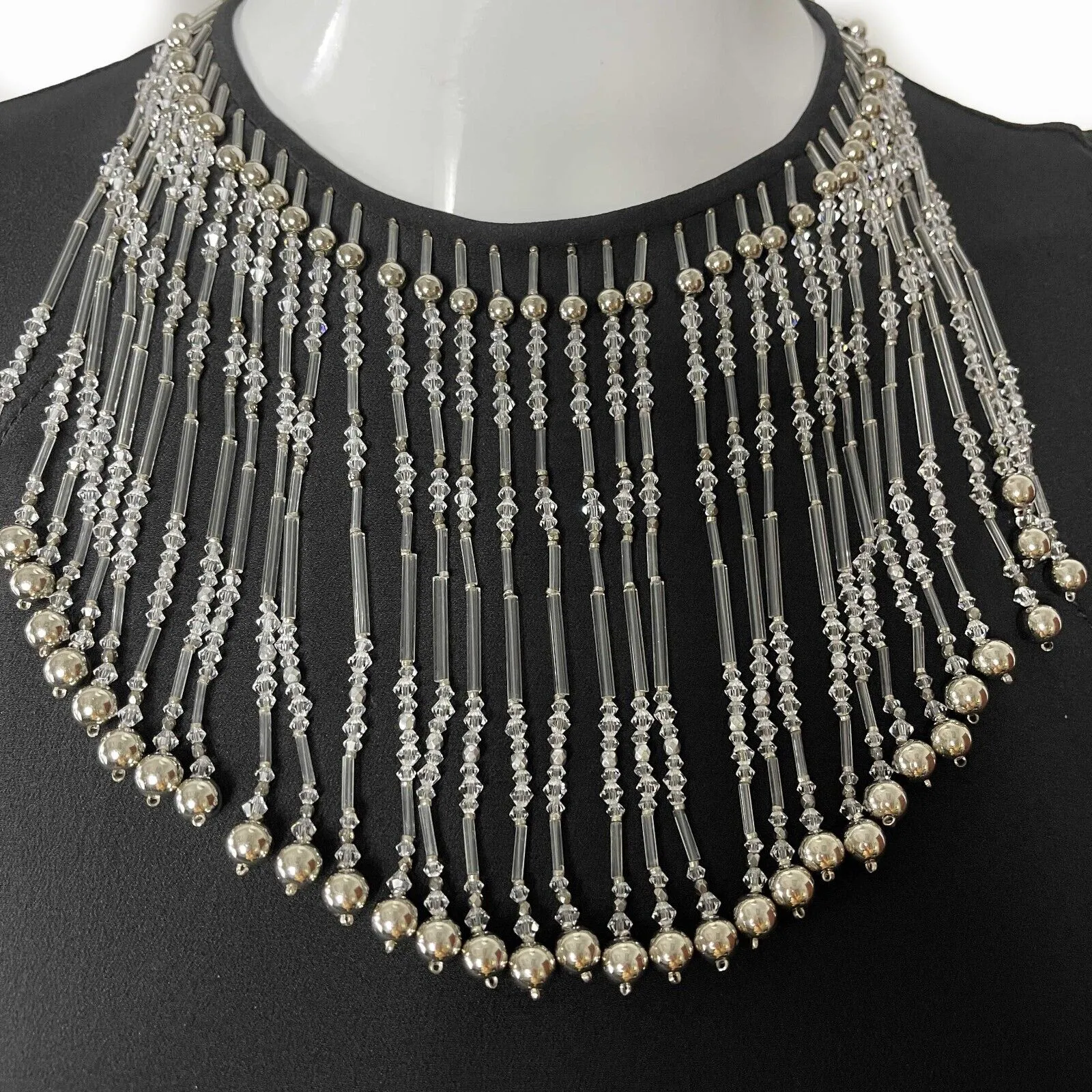 PRADA - Beaded Fringe Sheath Midi Dress - Black / Clear and Silver Beads