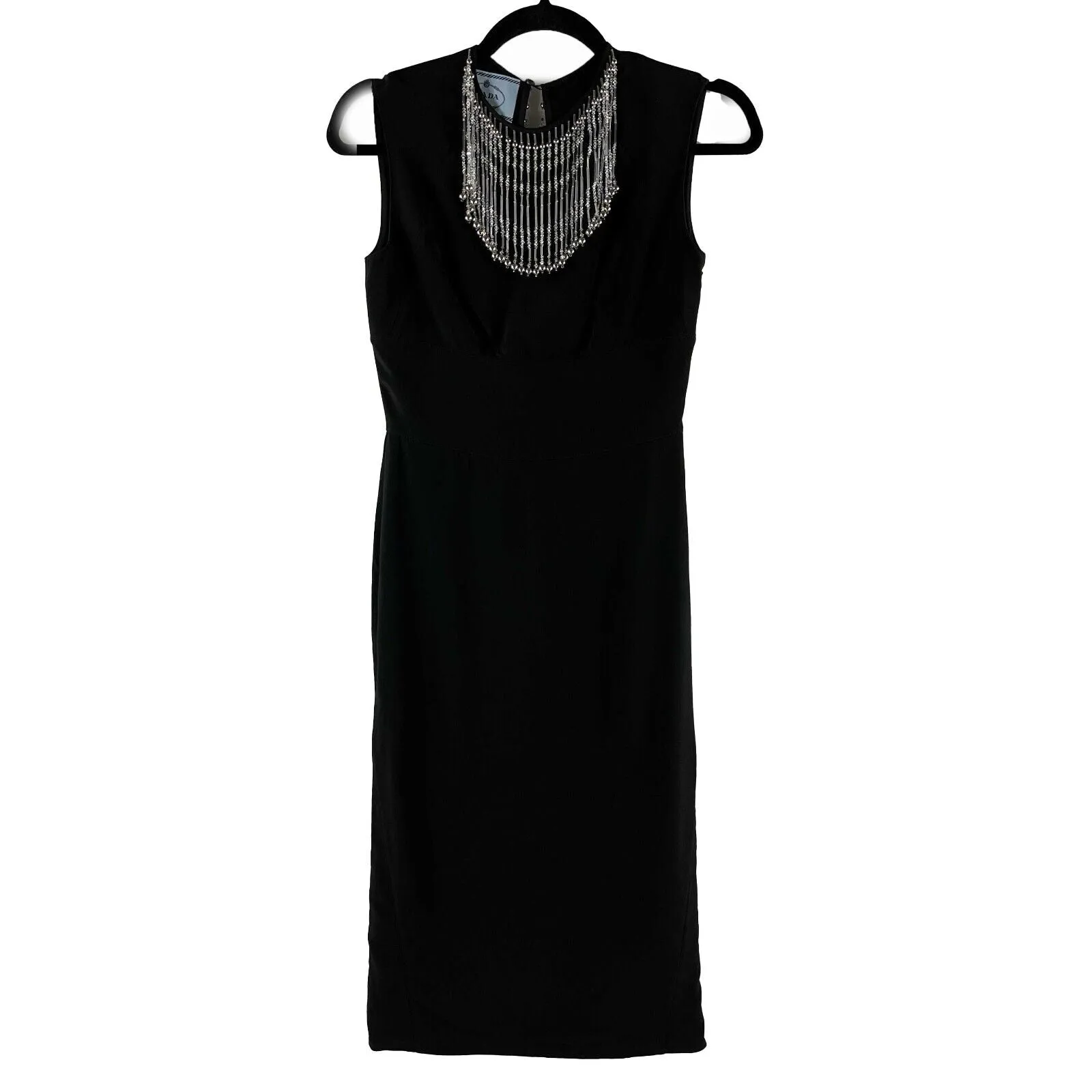 PRADA - Beaded Fringe Sheath Midi Dress - Black / Clear and Silver Beads
