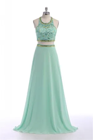 Pretty Mint Green Long Chiffon Beading Backless Prom Dress With Spaghetti K77