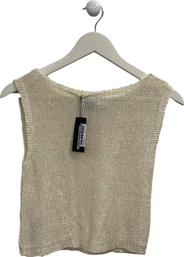 PrettyLittleThing Cream Sequin Knit Racer Neck Vest UK M