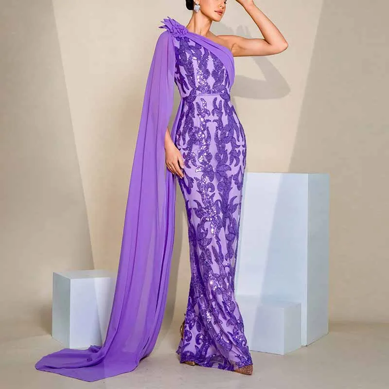 Purple Ribboned One Shoulder Sequin Prom Dress Long Evening Gown