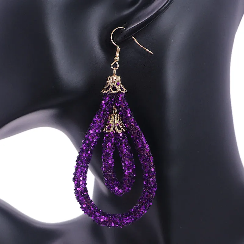 Purple Sequin Confetti Double Teardrop Hoop Earrings