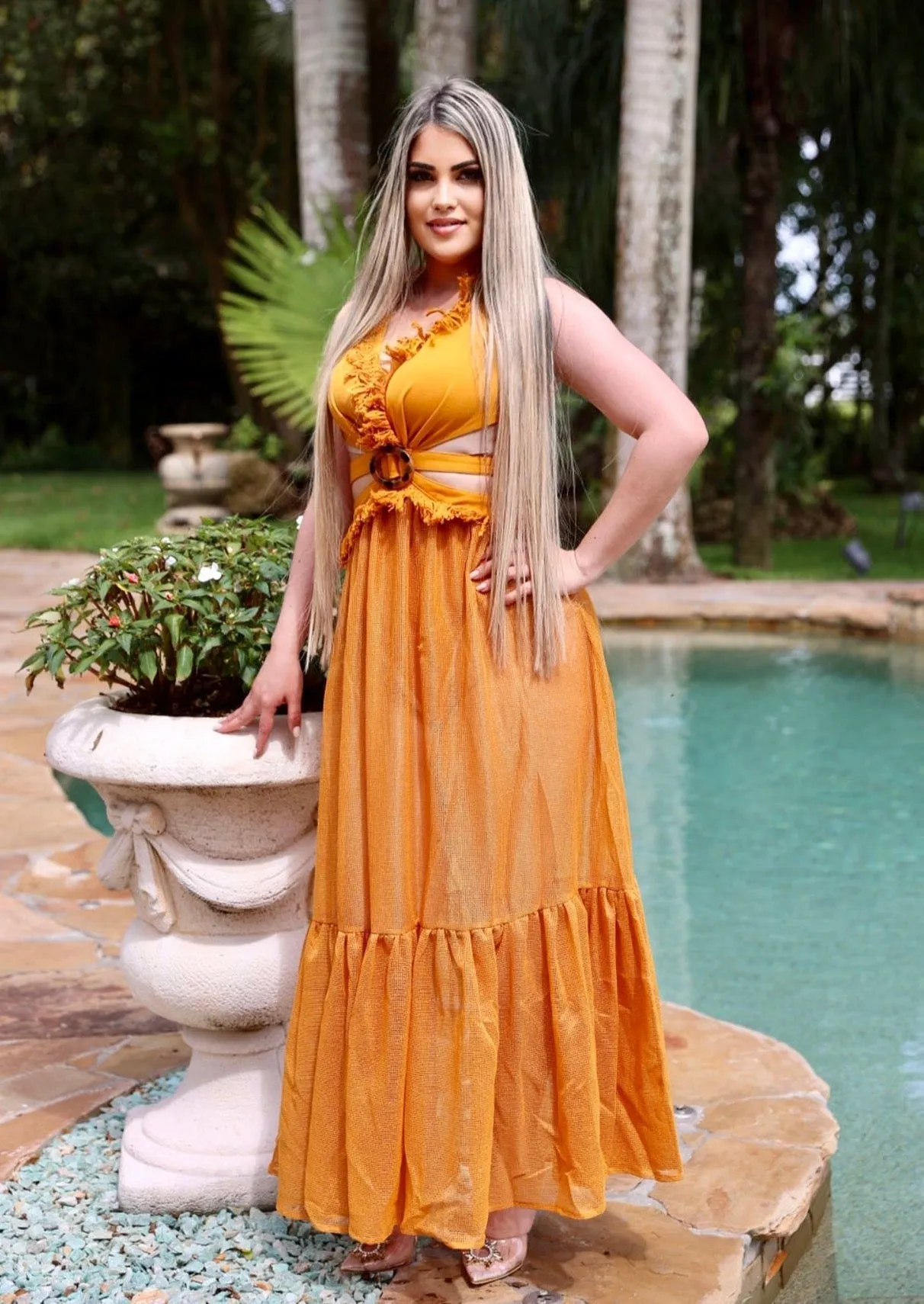 "MALDIVES" MARIGOLD SLEEVELESS HALTER LACE UP DRESS WAITS CUT OUT