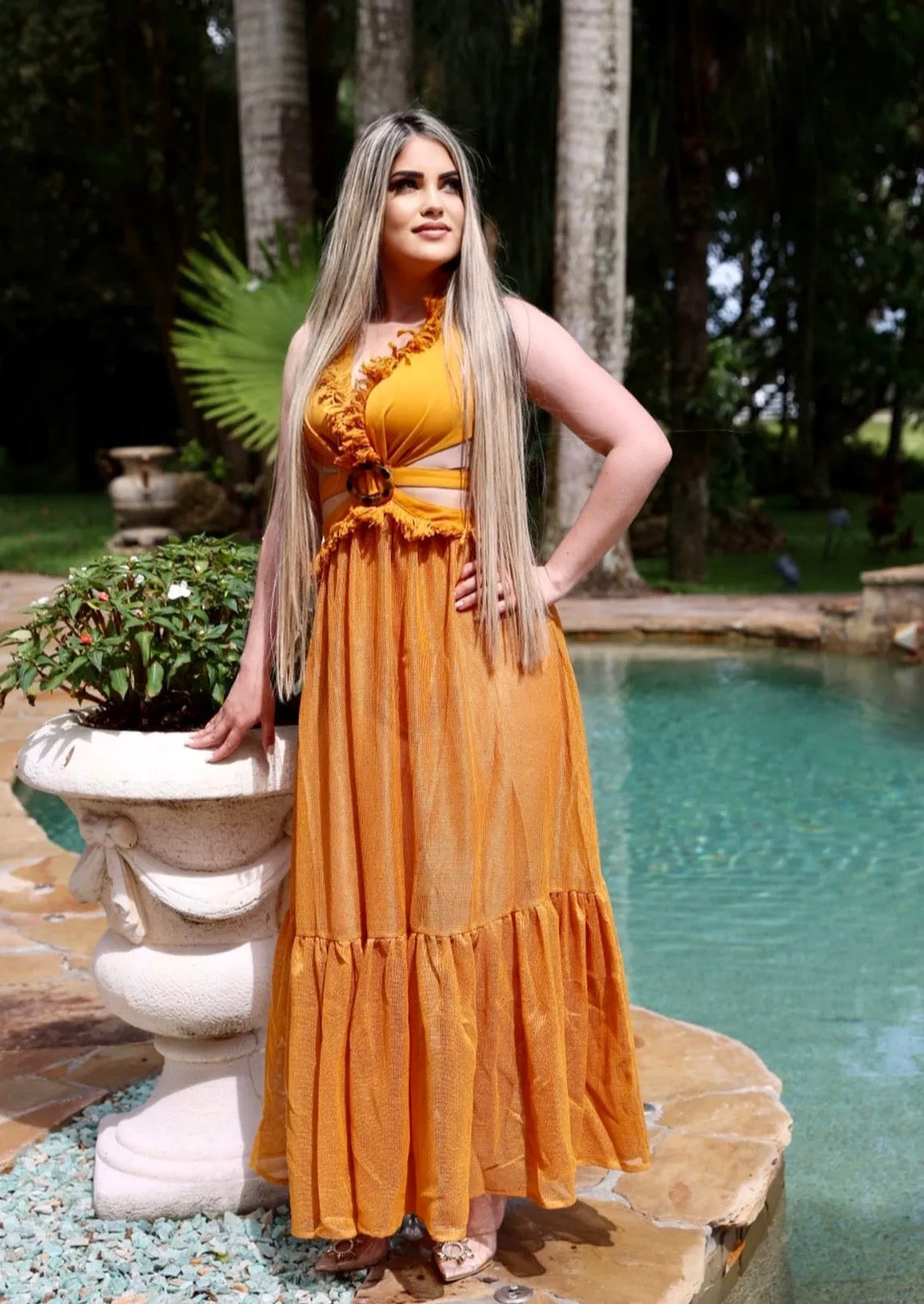 "MALDIVES" MARIGOLD SLEEVELESS HALTER LACE UP DRESS WAITS CUT OUT