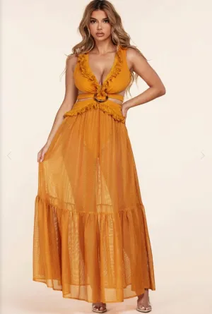 "MALDIVES" MARIGOLD SLEEVELESS HALTER LACE UP DRESS WAITS CUT OUT
