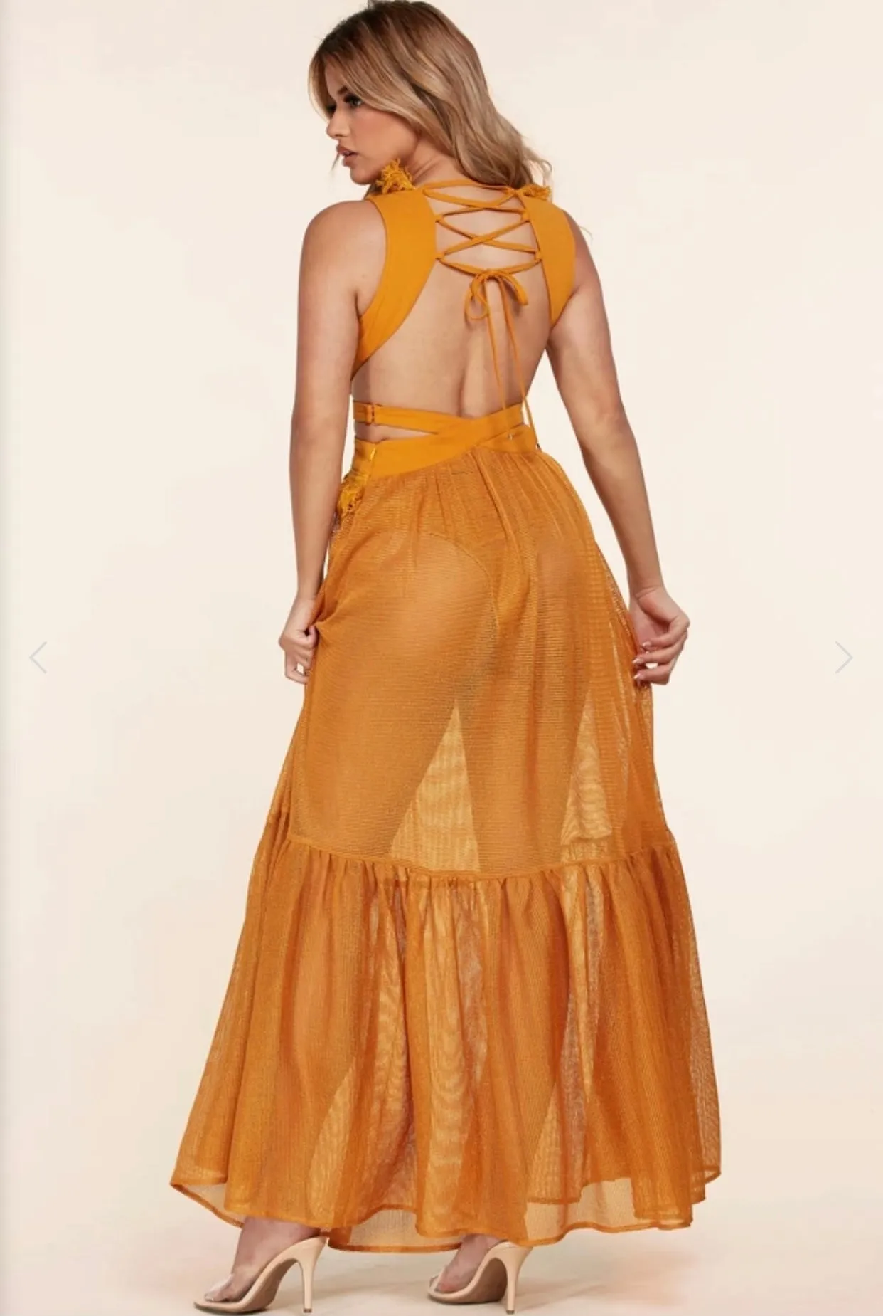 "MALDIVES" MARIGOLD SLEEVELESS HALTER LACE UP DRESS WAITS CUT OUT