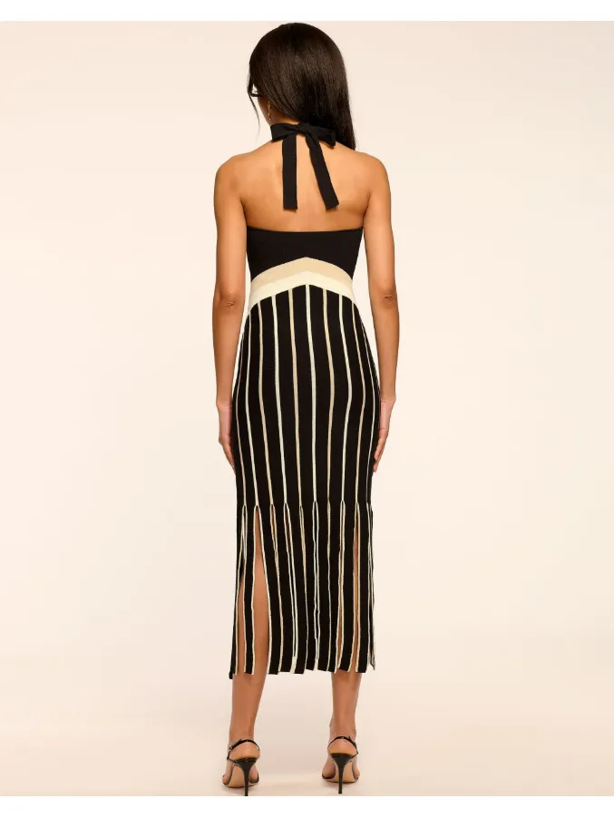 Ramy Brook Campbell Fringe Knit Halter Dress in Black Stripe Combo