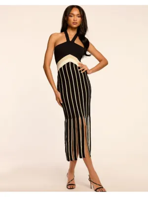 Ramy Brook Campbell Fringe Knit Halter Dress in Black Stripe Combo