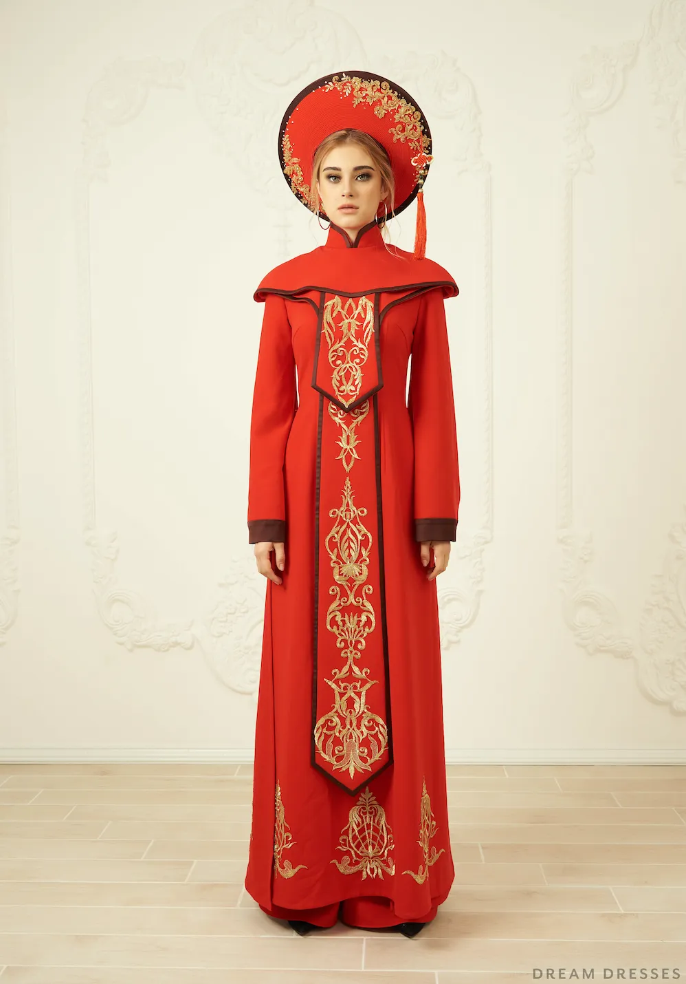 Red and Gold Ao Dai | Vietnamese Bridal Dress (#ARNELLE)