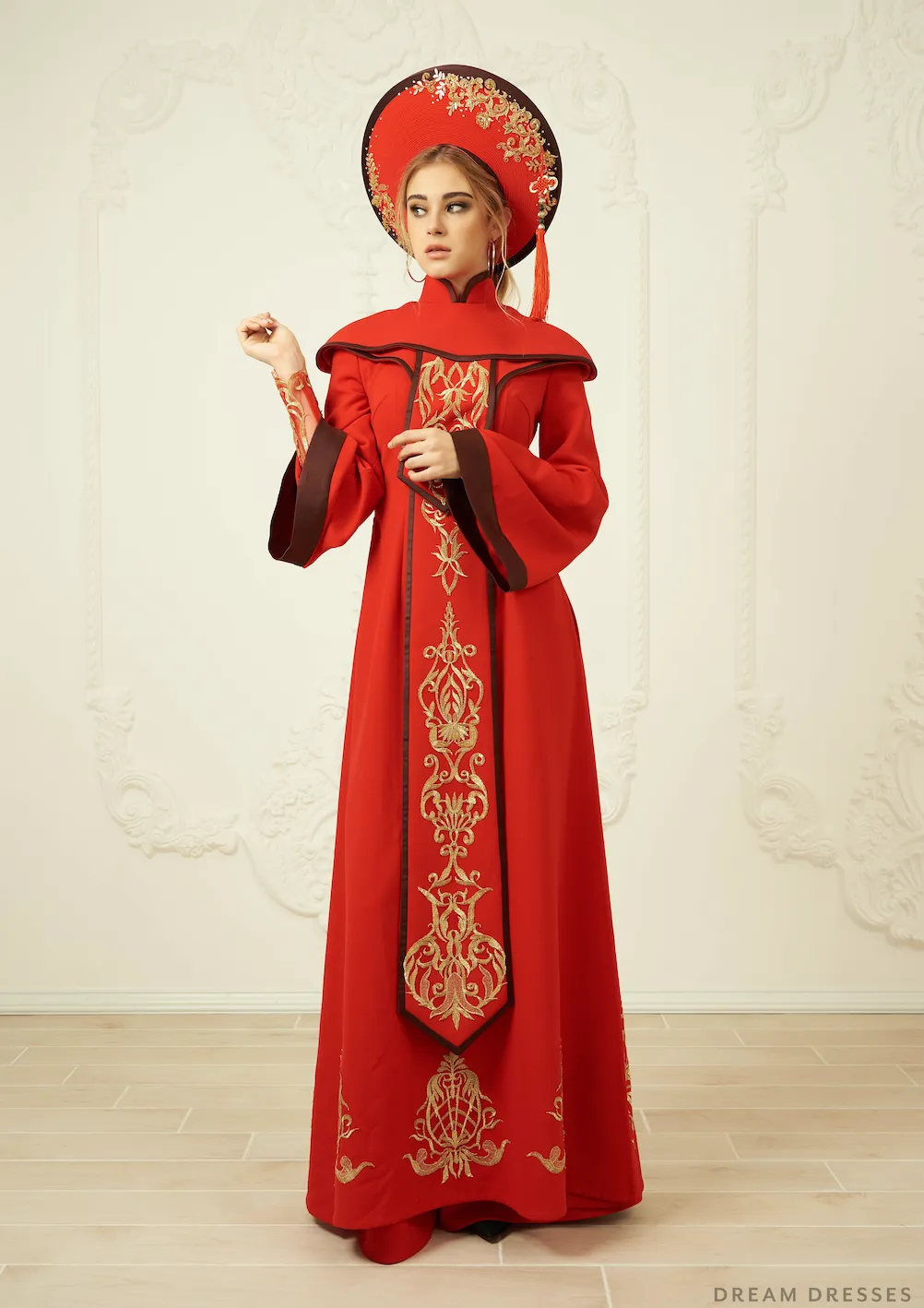 Red and Gold Ao Dai | Vietnamese Bridal Dress (#ARNELLE)