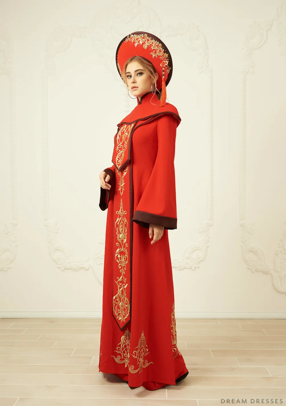 Red and Gold Ao Dai | Vietnamese Bridal Dress (#ARNELLE)
