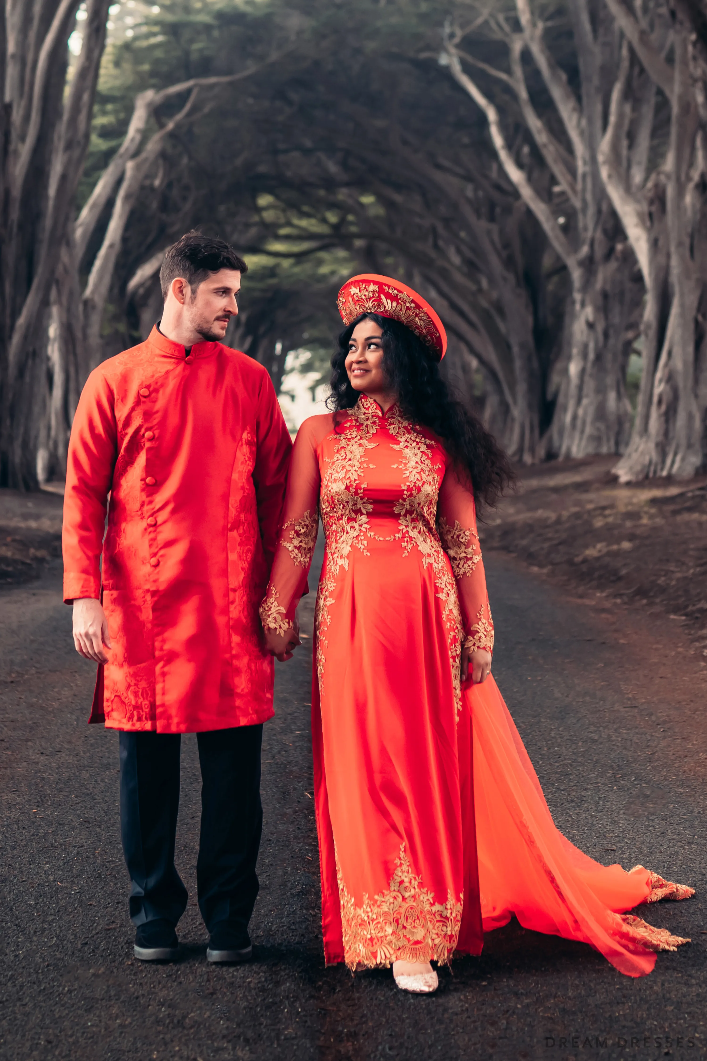 Red Ao Dai with Gold Lace and Chapel Train | Vietnamese Lace Bridal Dress (#MELIA)