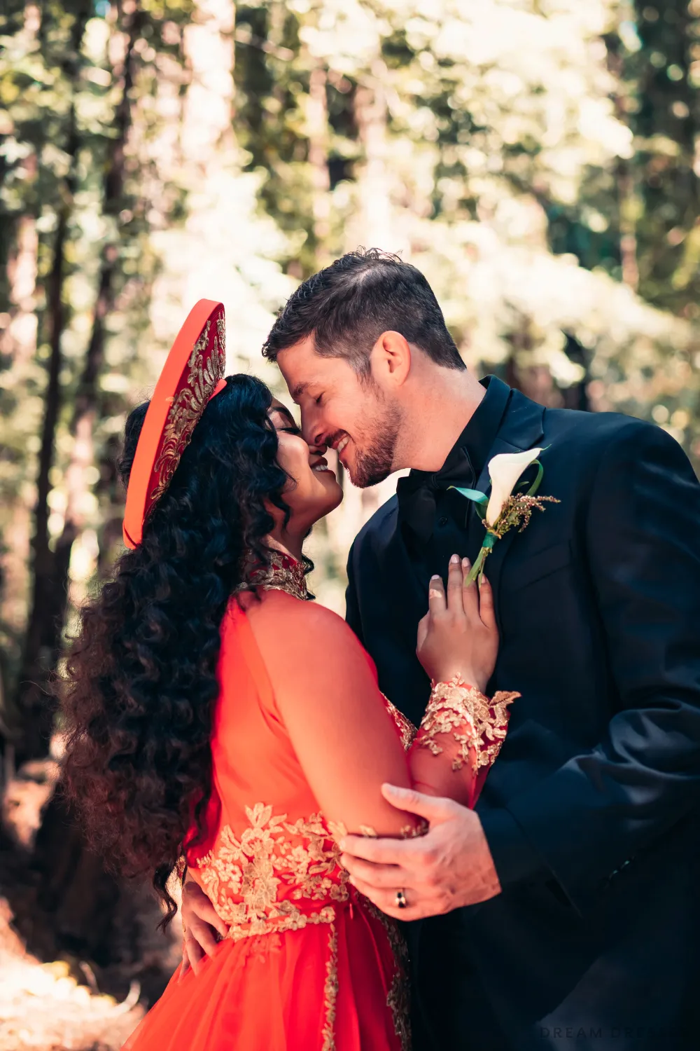 Red Ao Dai with Gold Lace and Chapel Train | Vietnamese Lace Bridal Dress (#MELIA)