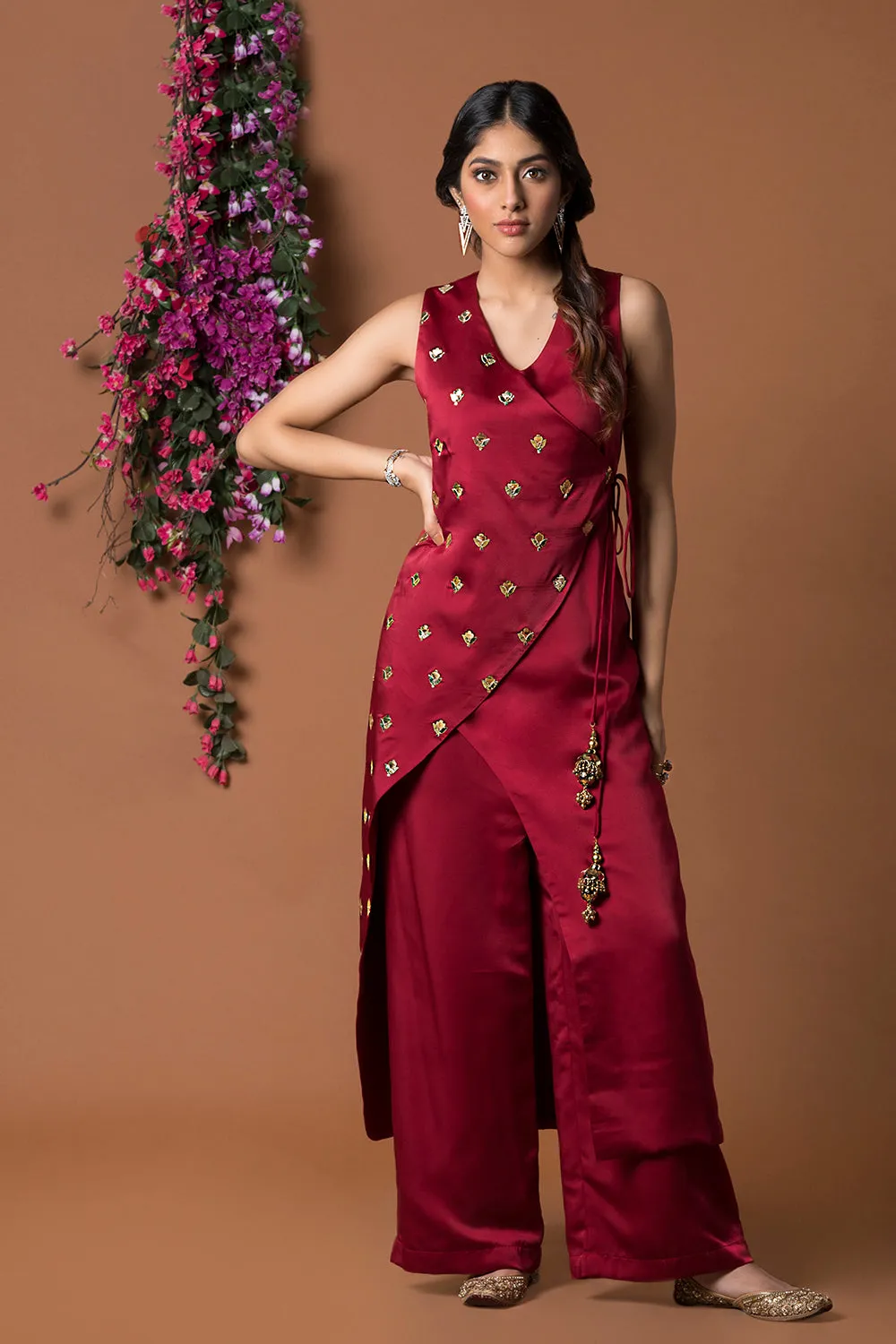 Red Kurta With Pants Set