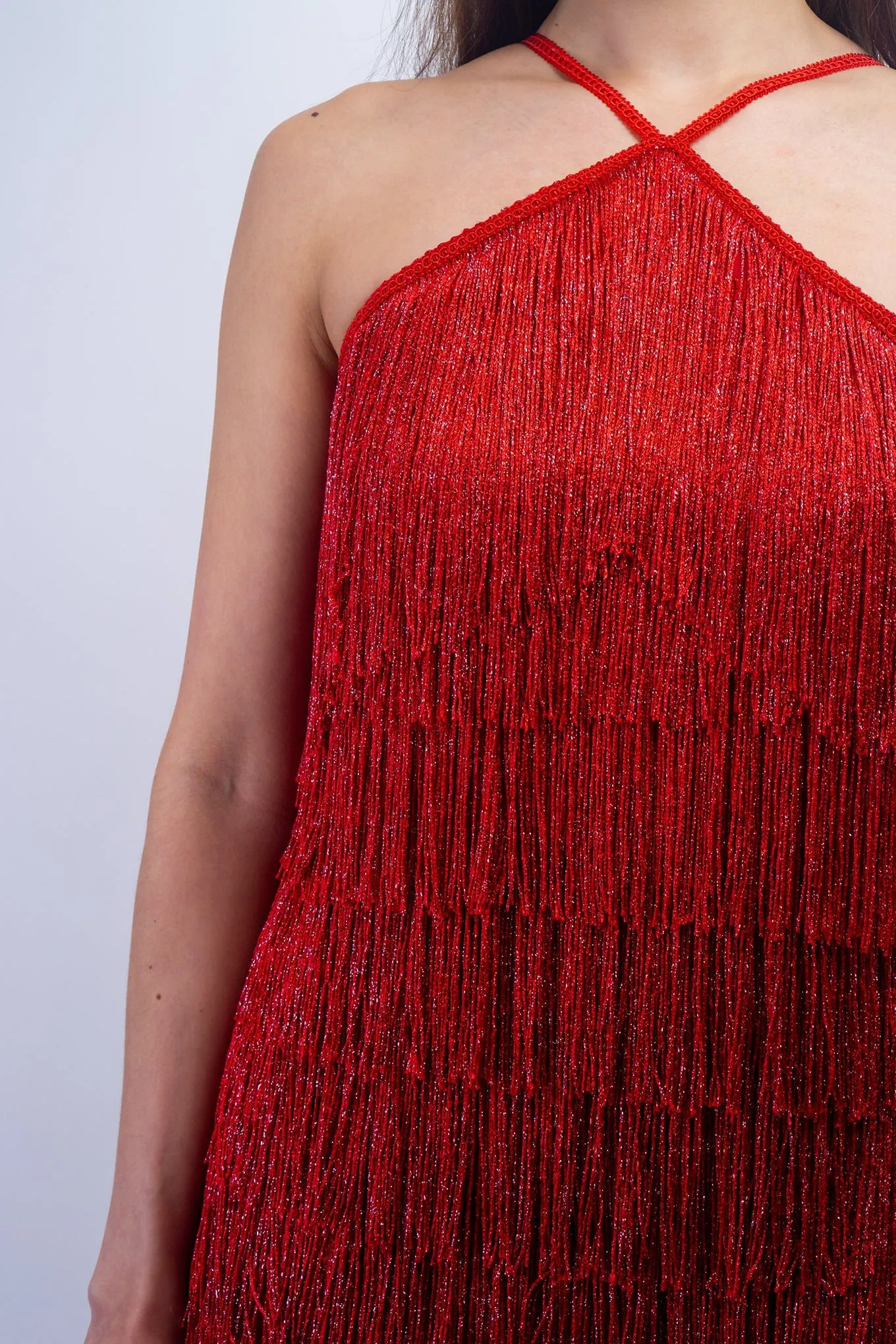 Red Lurex Fringe Tiers Dress