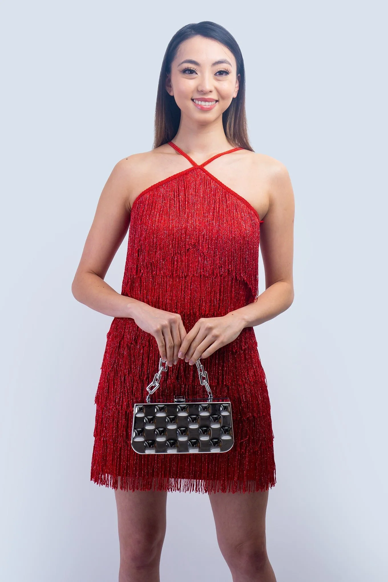 Red Lurex Fringe Tiers Dress