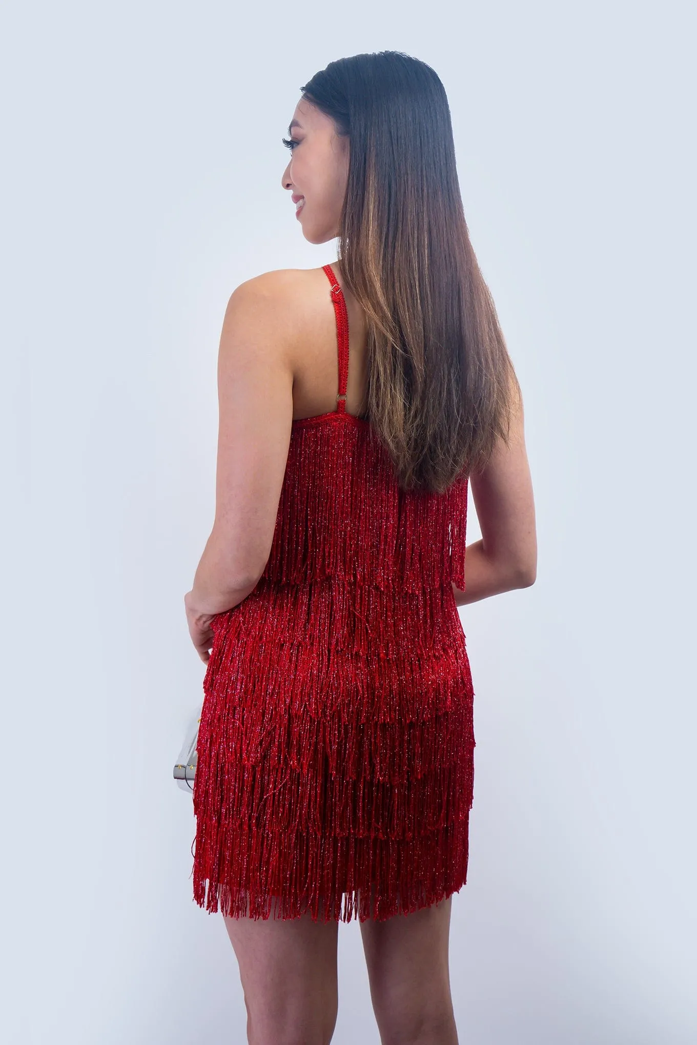 Red Lurex Fringe Tiers Dress