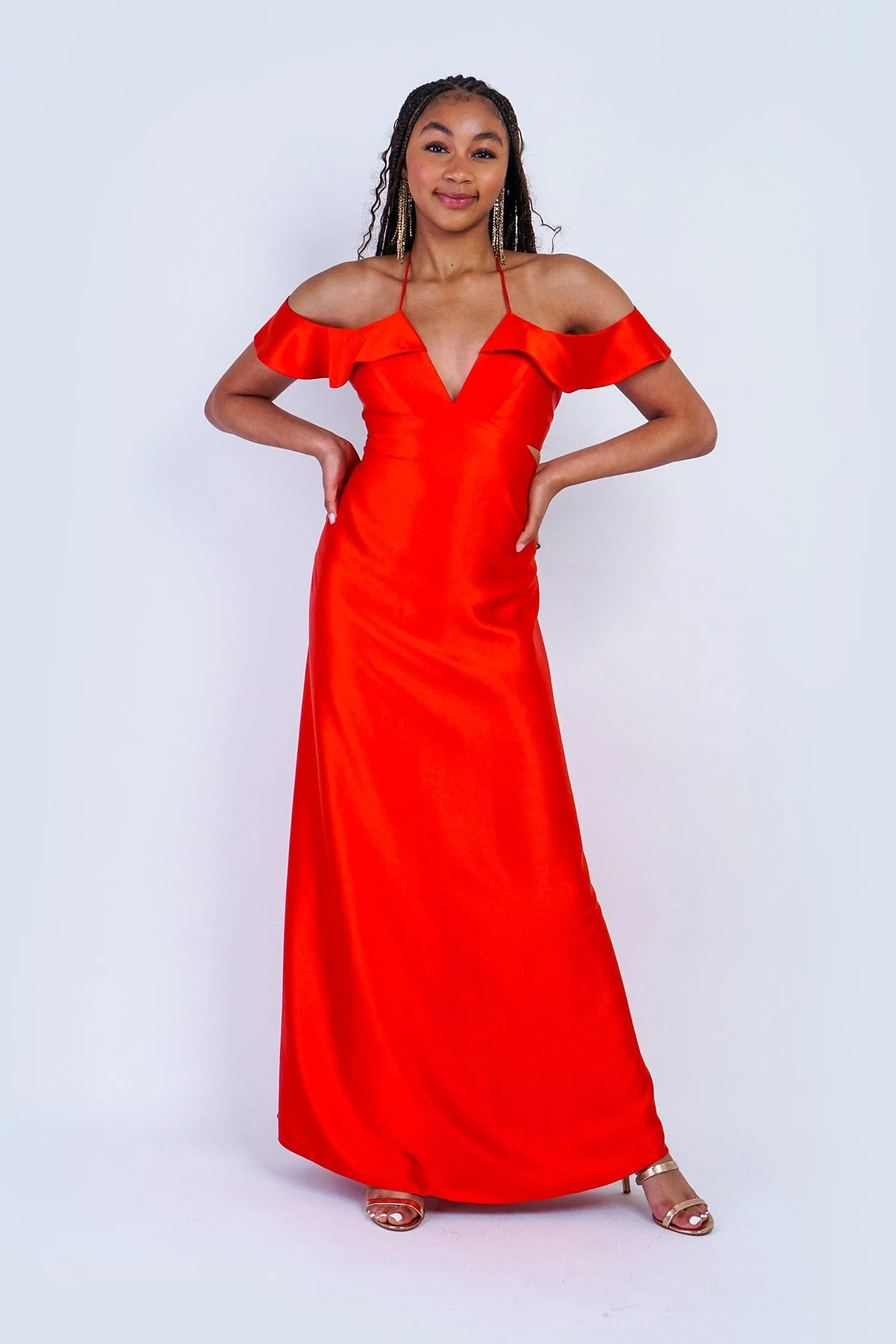 Red Orange Off Shoulder Ruffle Kai Gown