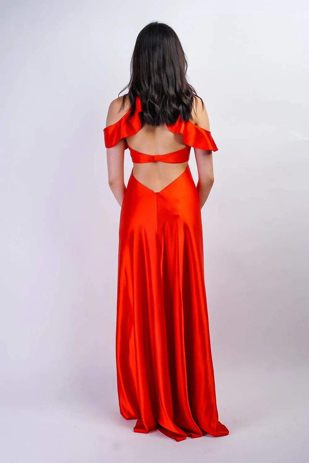 Red Orange Off Shoulder Ruffle Kai Gown