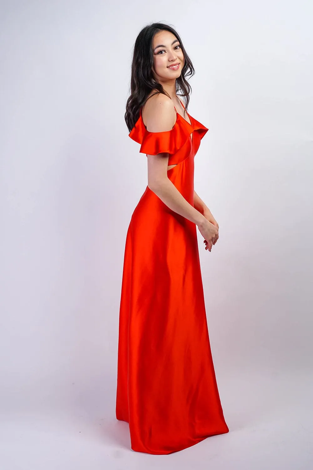 Red Orange Off Shoulder Ruffle Kai Gown