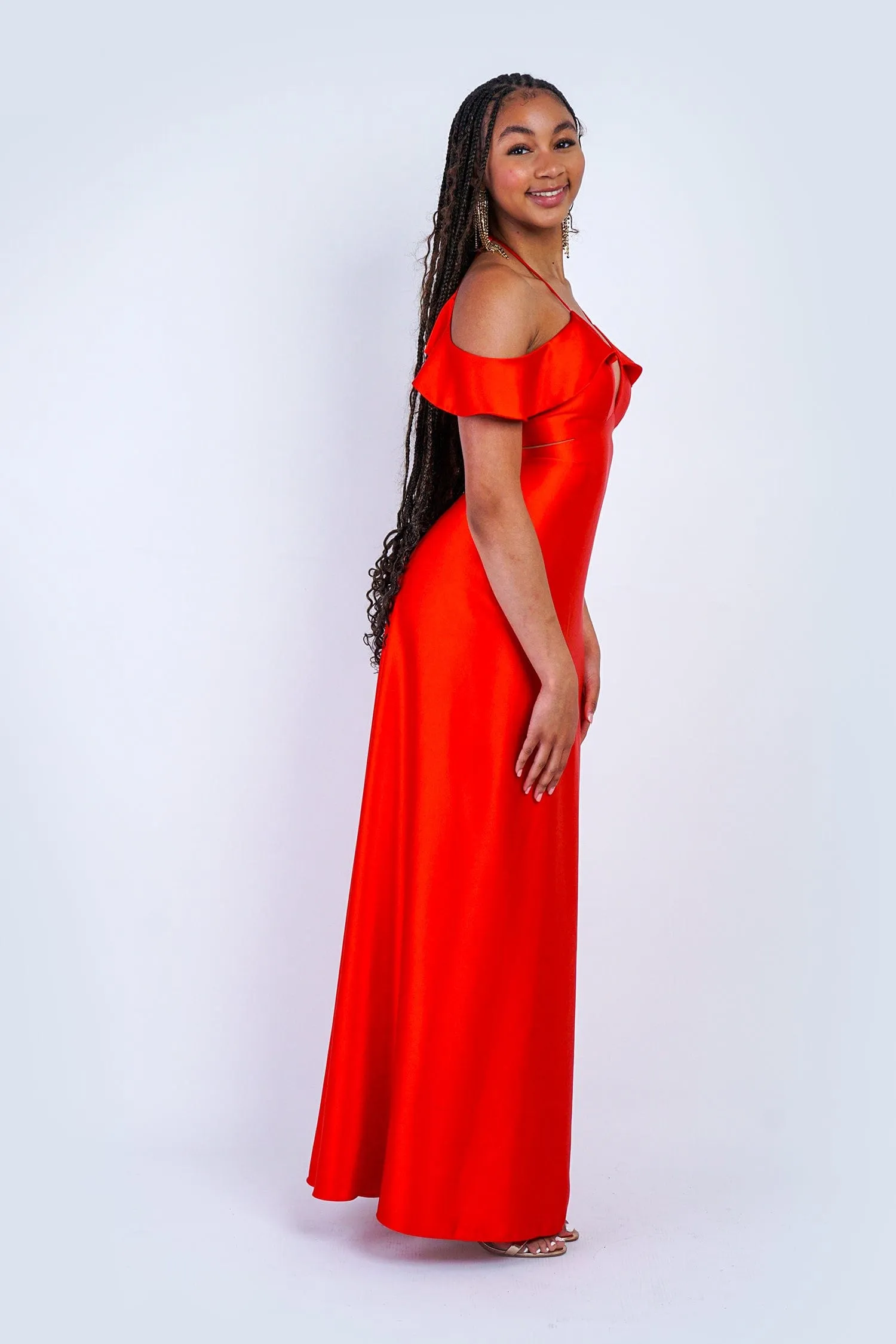 Red Orange Off Shoulder Ruffle Kai Gown