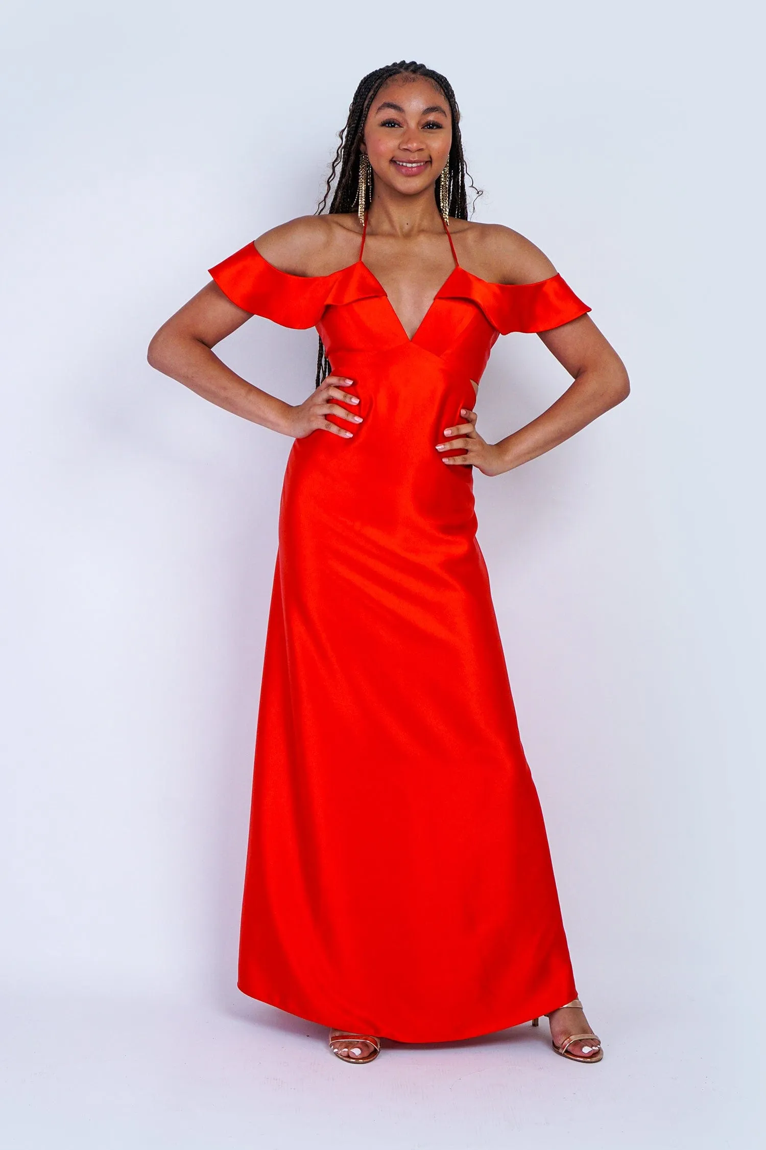 Red Orange Off Shoulder Ruffle Kai Gown