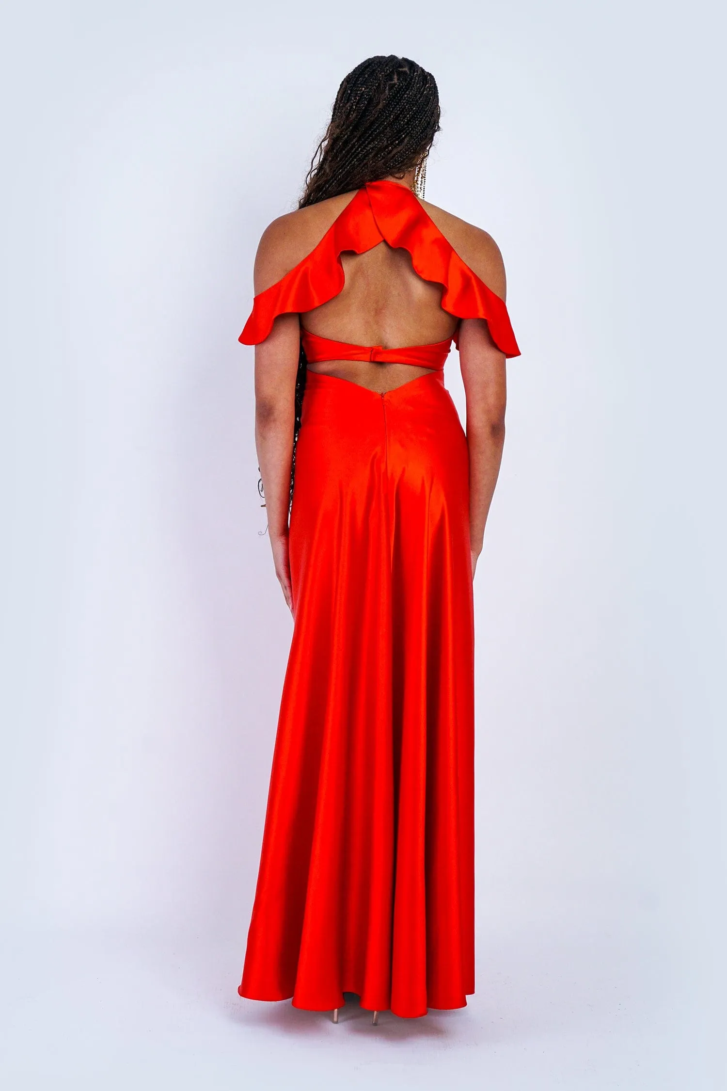 Red Orange Off Shoulder Ruffle Kai Gown