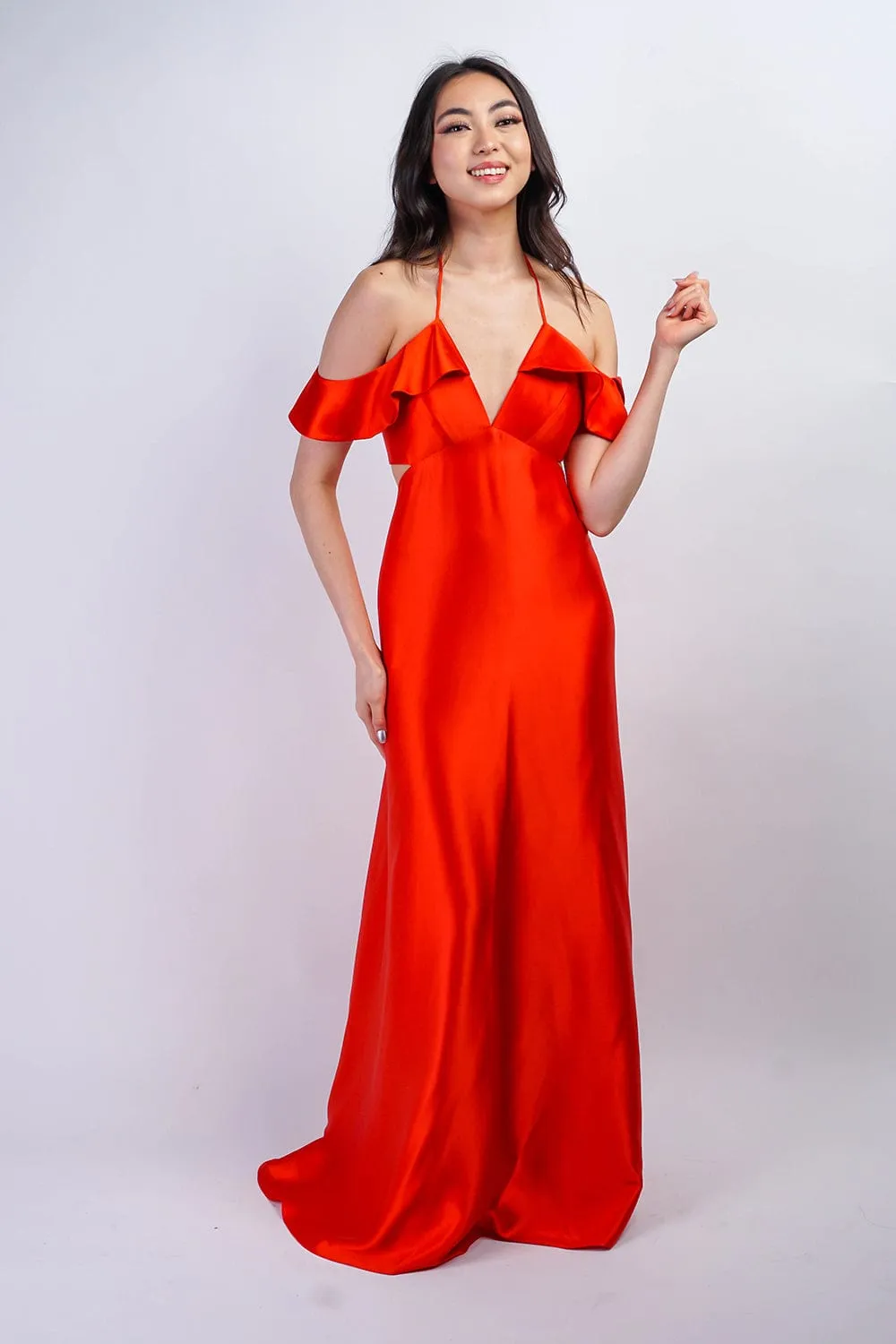 Red Orange Off Shoulder Ruffle Kai Gown