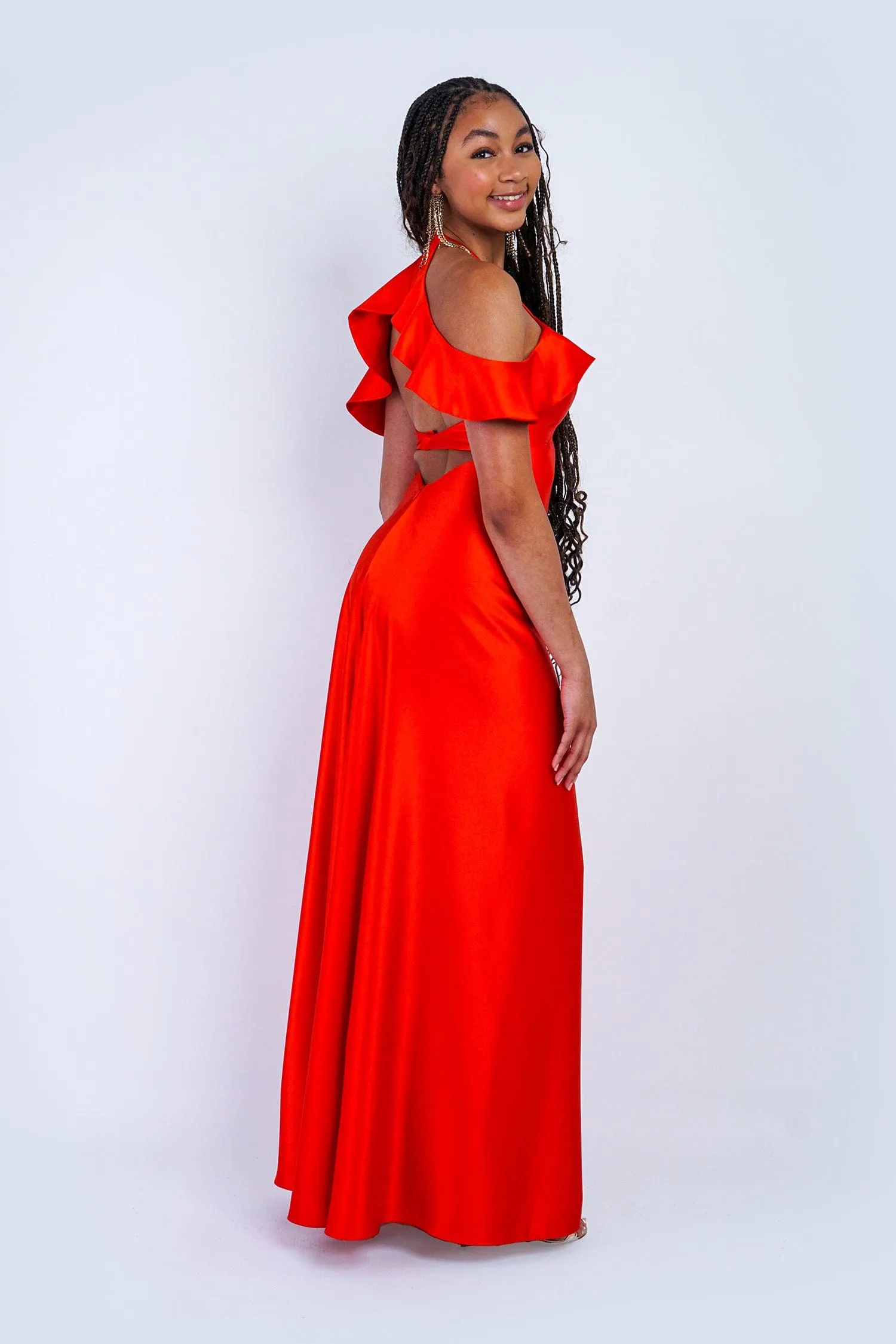 Red Orange Off Shoulder Ruffle Kai Gown