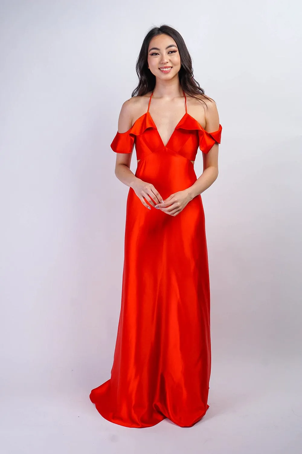 Red Orange Off Shoulder Ruffle Kai Gown