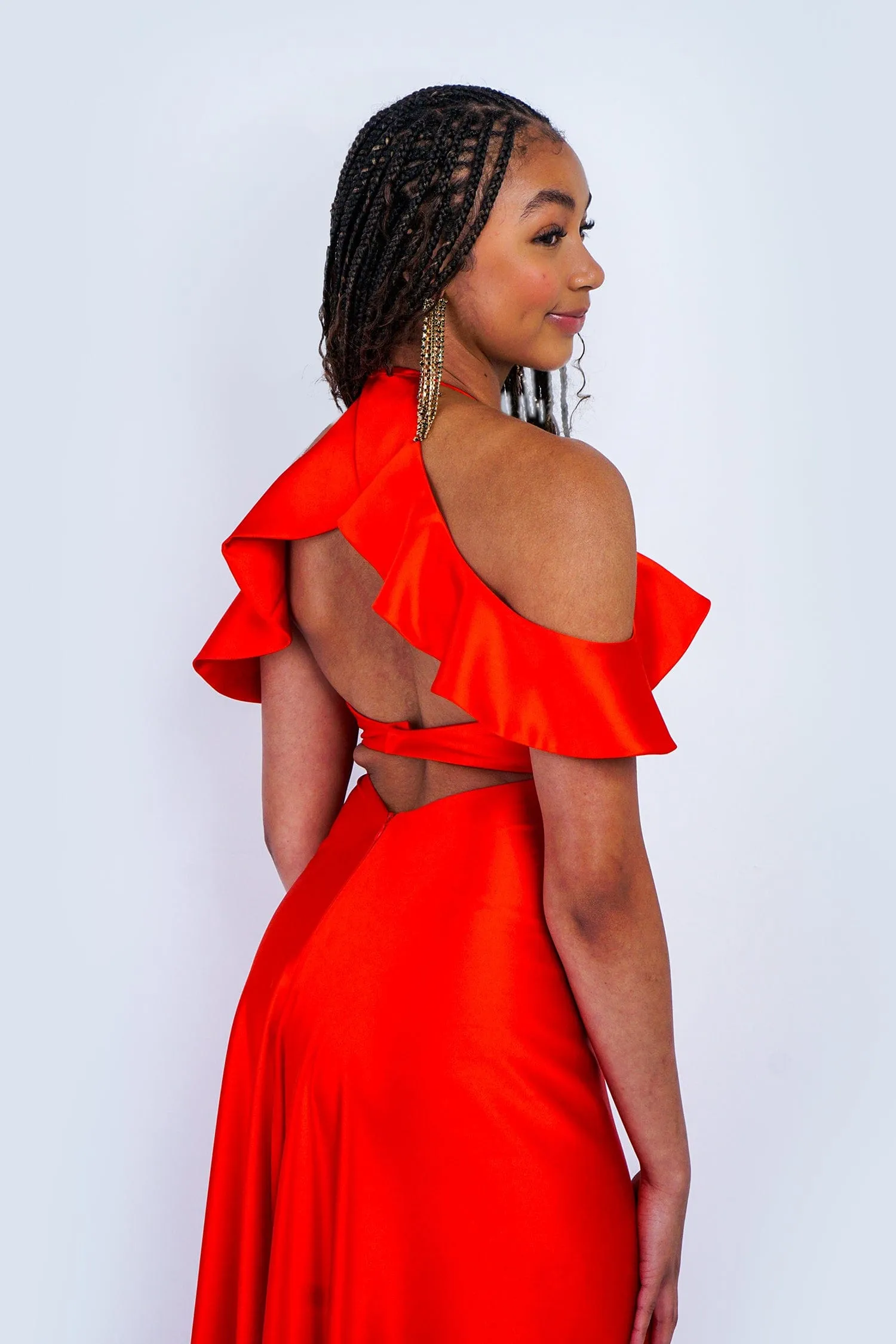 Red Orange Off Shoulder Ruffle Kai Gown