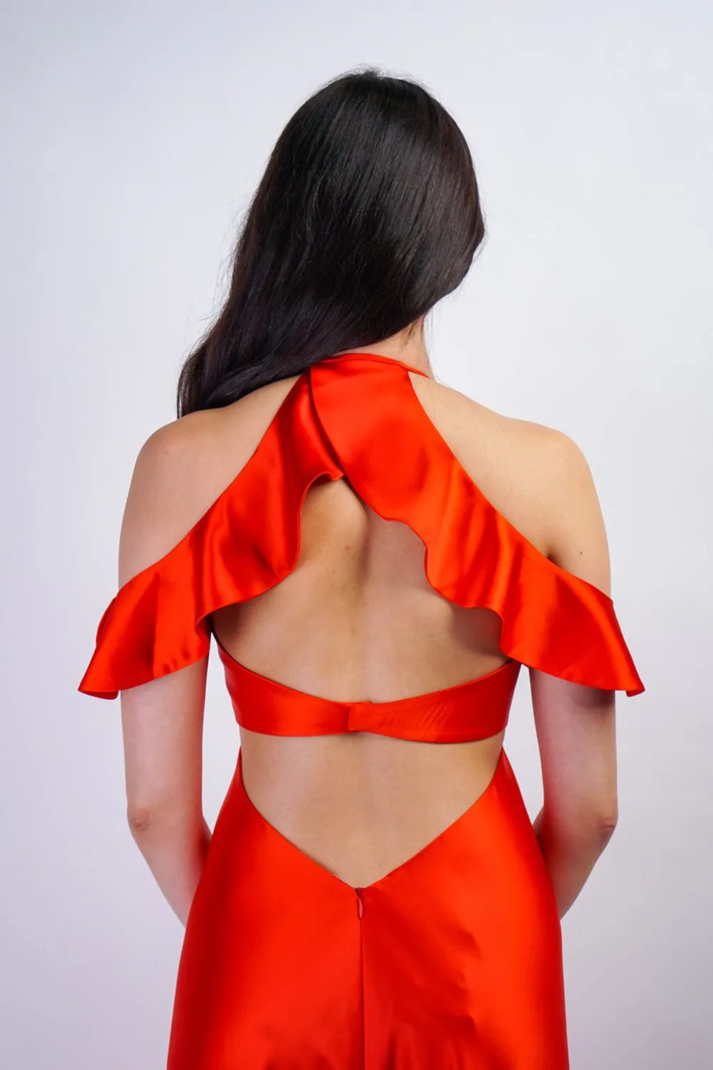 Red Orange Off Shoulder Ruffle Kai Gown