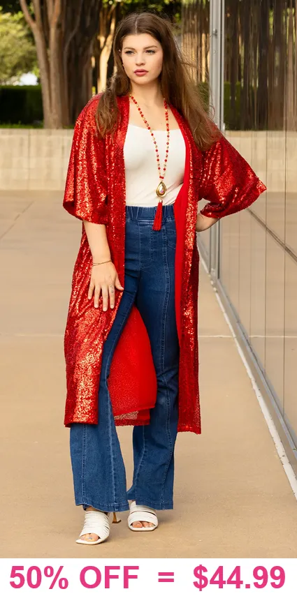 Red Sequin Duster : FITS UP TO 2X