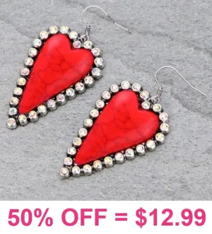 Red Stone Bling Trim Heart Earrings