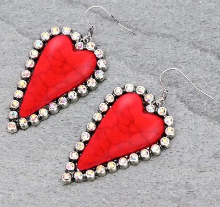 Red Stone Bling Trim Heart Earrings