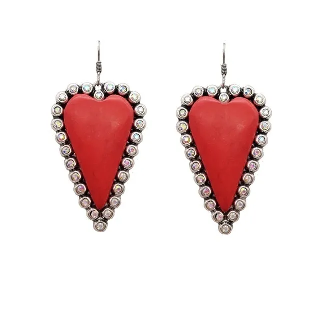 Red Stone Bling Trim Heart Earrings