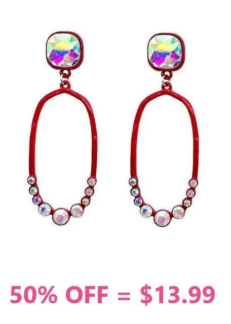 Red Thin Oval Outline Earrings with AB Rhinestone Stud