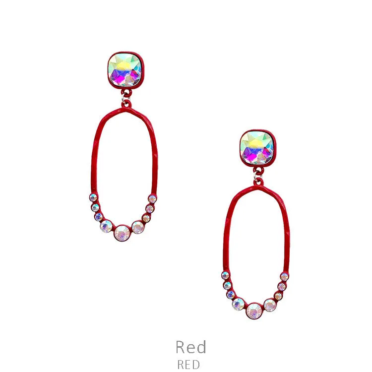Red Thin Oval Outline Earrings with AB Rhinestone Stud