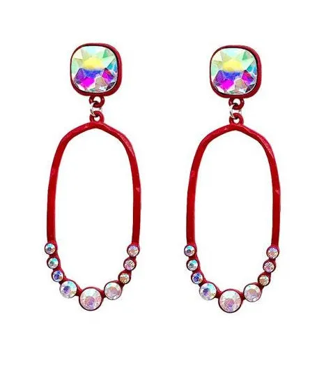Red Thin Oval Outline Earrings with AB Rhinestone Stud